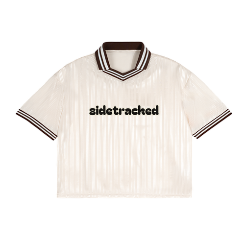 Sidetracked After Hours cream soccer jersey with espresso striped trim