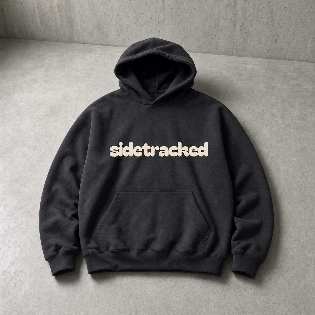 Sidetracked puff hoodie in washed black with cream 3D puff embroidery wordmark