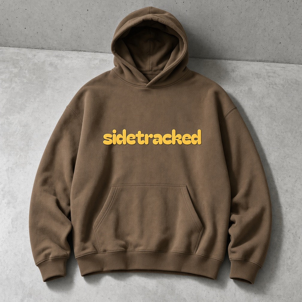 Sidetracked puff hoodie in washed brown with gold 3D puff embroidery wordmark