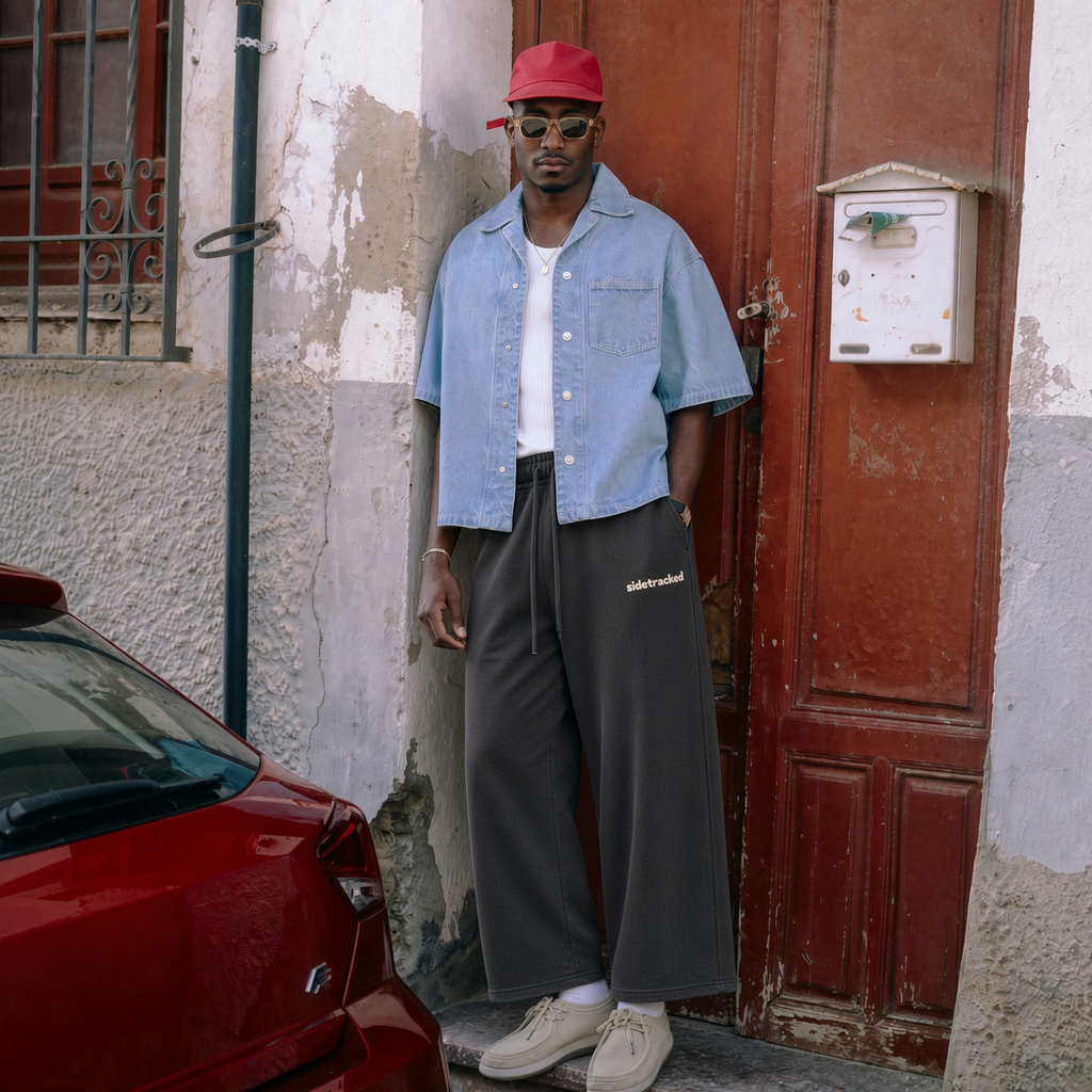 Model wearing dark gray Sidetracked vintage washed barrel leg sweatpants