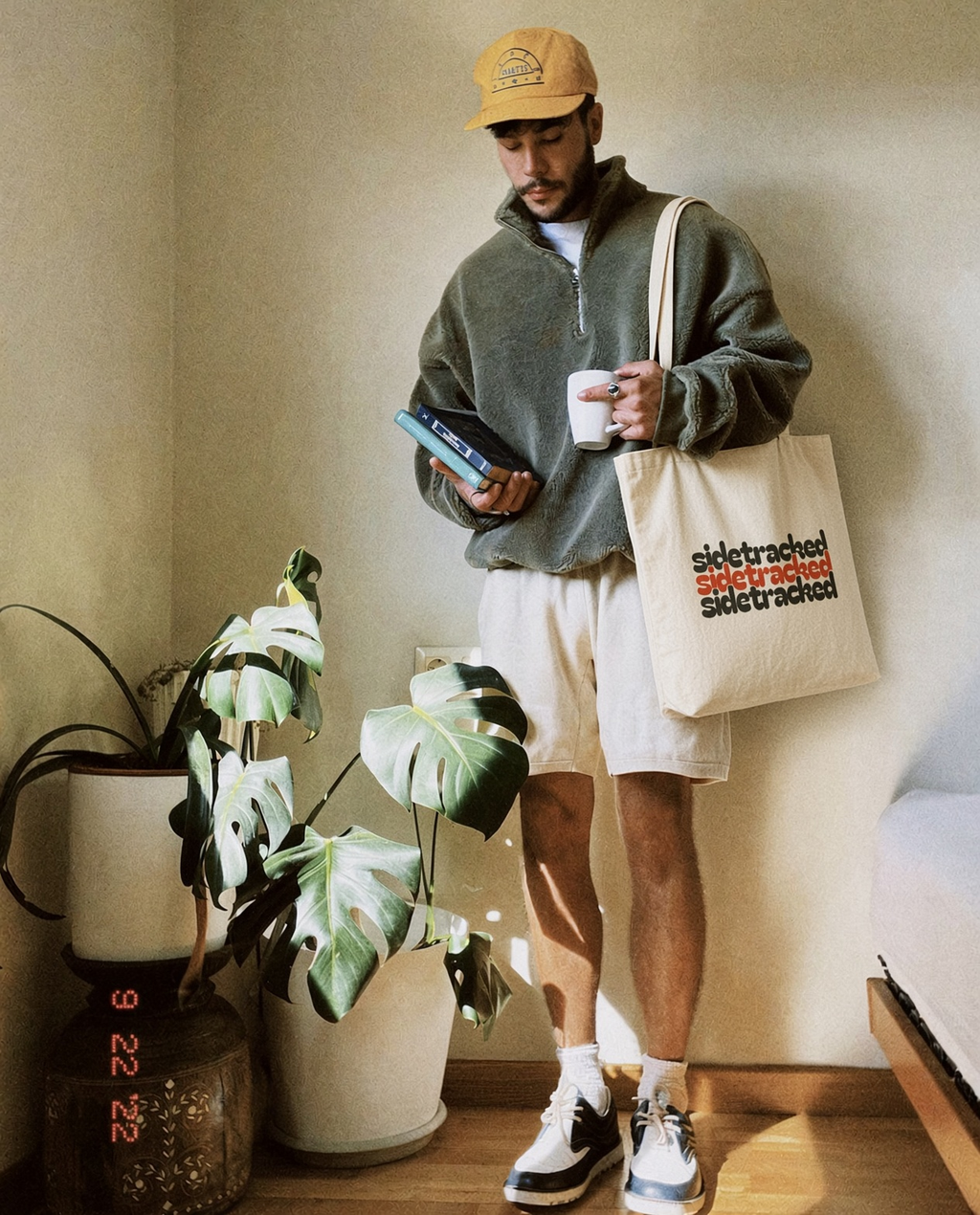 Model carrying a natural canvas Sidetracked tote bag